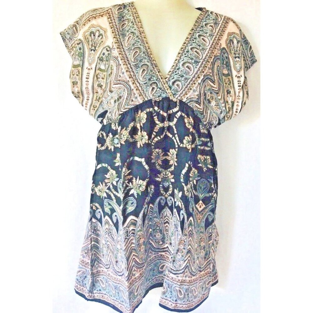 Angie Women's Boho Hippie Tunic Shirt Top Size M Black / Gray Floral Border